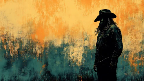 Textured chromatic cowboy silhouette in abstract pigment field.