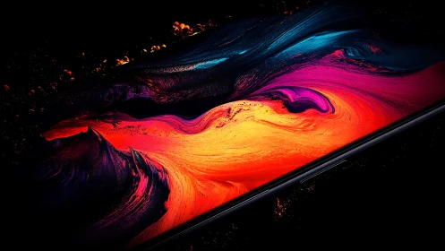 Smartphone display with abstract fluid neon color pattern.