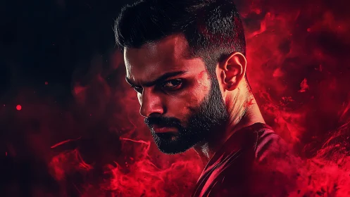 Intense male portrait set against swirling red smoke