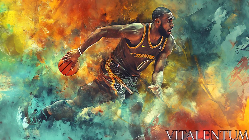 Basketball player in motion amid abstract color field.