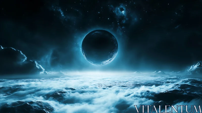 Midnight sphere rising above a storm-washed alien sea.
