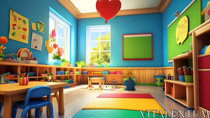 Colorful preschool classroom interior with play areas.