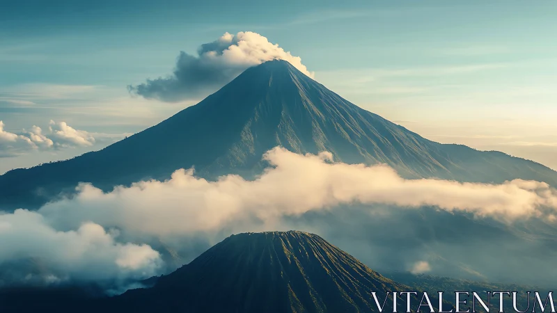 Volcanic peaks rising through layered clouds at sunrise.