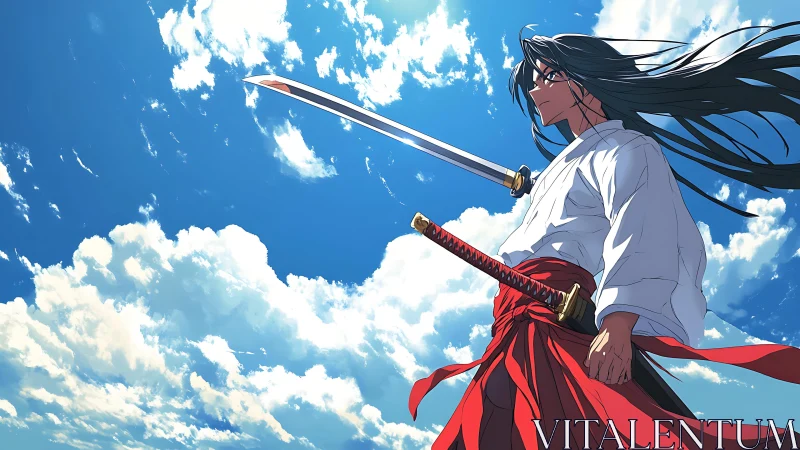 Samurai warrior faces sky, wind-torn clouds blaze overhead.