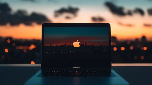 Laptop screen frames dusk skyline with luminous city bokeh