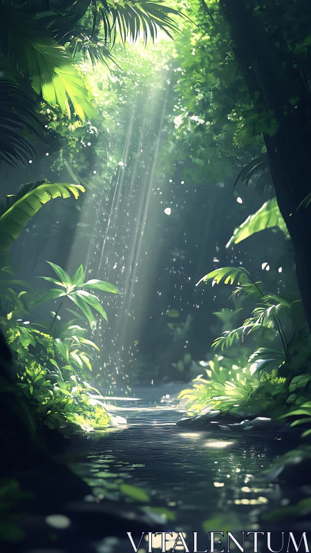 Sunlit Jungle Ravine with Volumetric Light Rays and Tropical Canopy