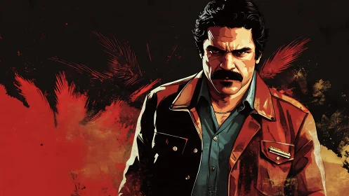 Stylized portrait of stern man in jacket on dark backdrop.