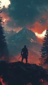 Lone warrior silhouette before burning mountain storm.
