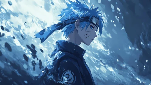 Blue haired ninja gazing ahead in a storm of shimmering light.