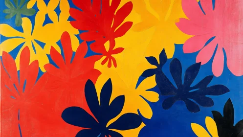 Joyful cutout garden in bold red, yellow, pink, and blue.