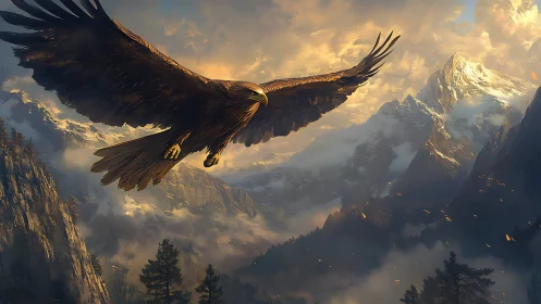 Majestic eagle soaring over dramatic mountain landscape, digital art.