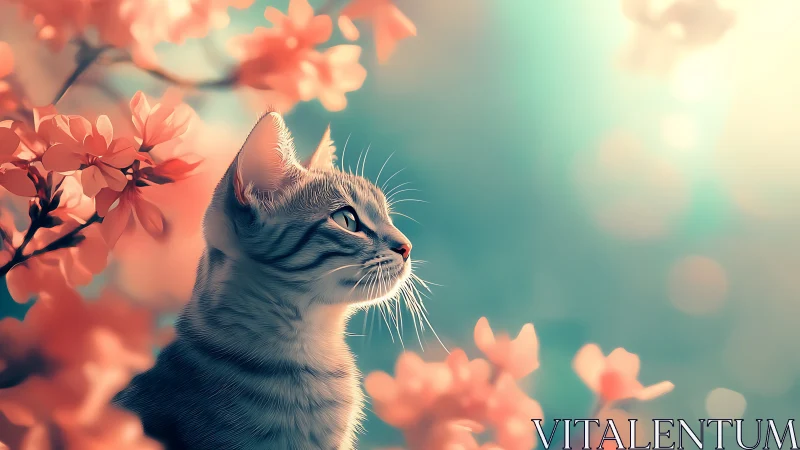 Tabby Cat Portrait Among Coral Flowers Against Turquoise Sky.