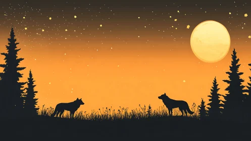 Lone wolf silhouettes under amber dusk sky and full moon