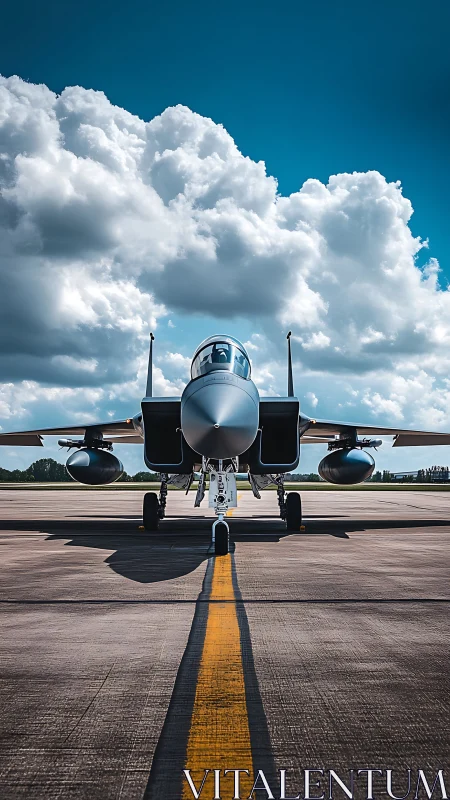 Front view shows twin‑engine jet fighter aligned on runway