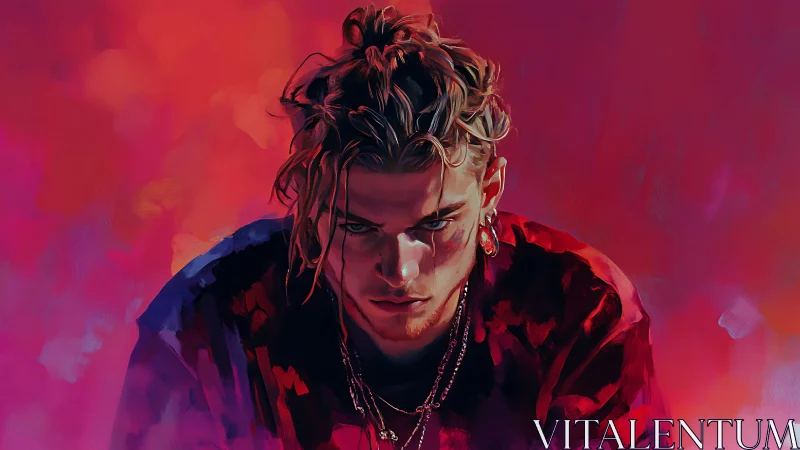 Moody neon portrait captures intense gaze in bold colors.