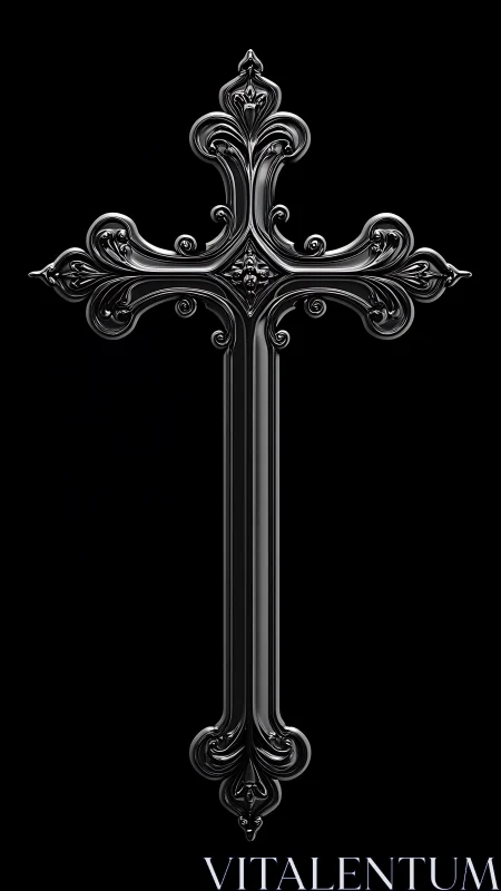 Ornate black chrome cross reflects sharp baroque curves.