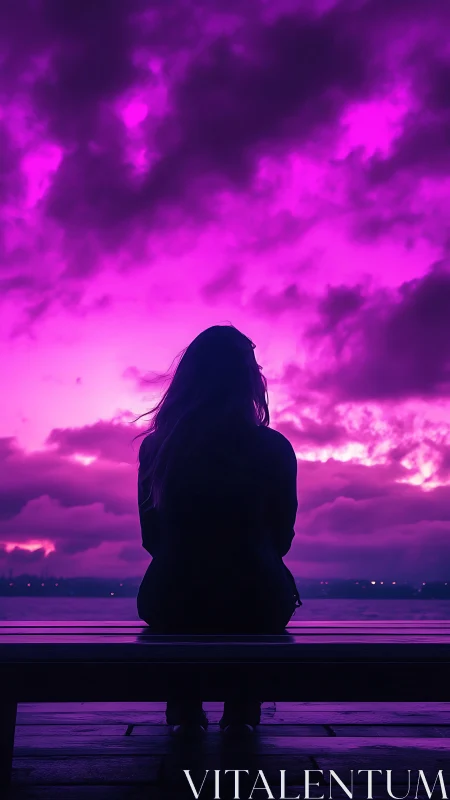 Silhouetted woman contemplates a vivid neon violet sunset sky