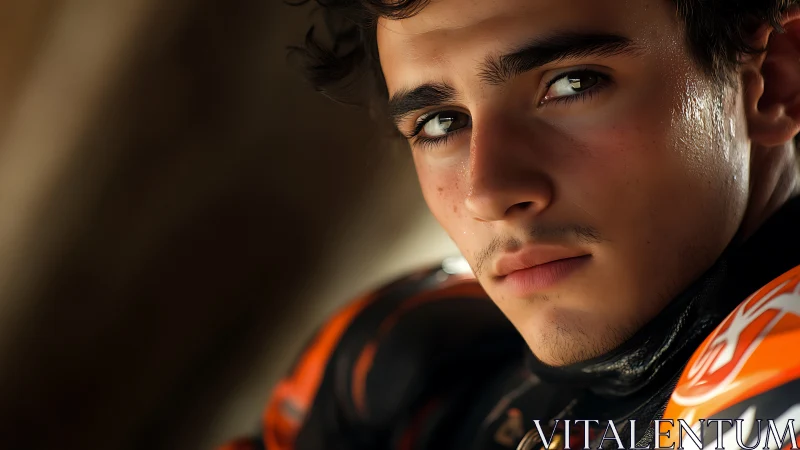 Young motorcyclist gazes intensely in warm cinematic light