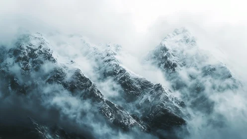 Snow-covered mountain peaks rise through dense swirling mist