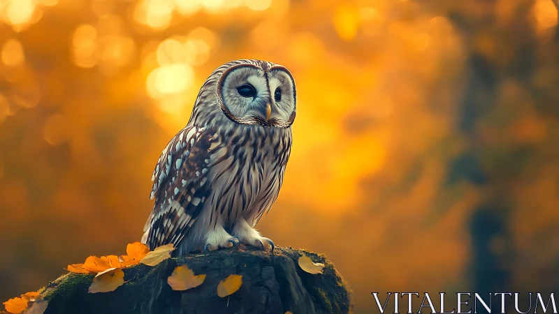Barred owl perched on tree stump in dreamy autumn forest scene.