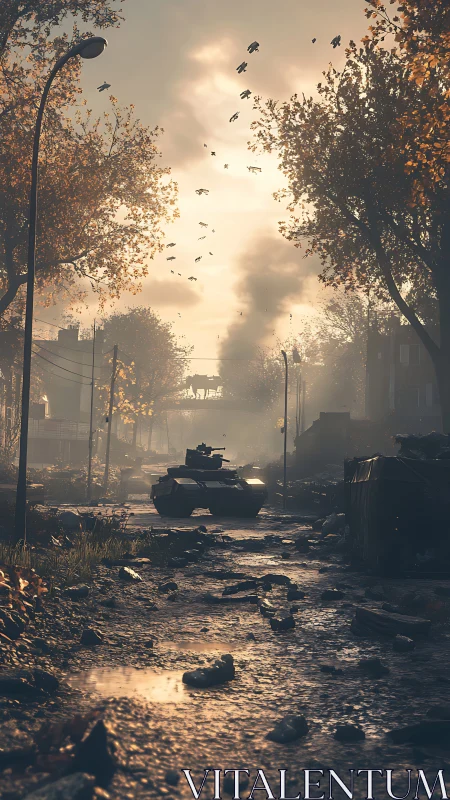 Armored vehicle in damp urban street under overcast sky.