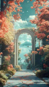 Autumnal fantasy archway framed by luminous teal skies.