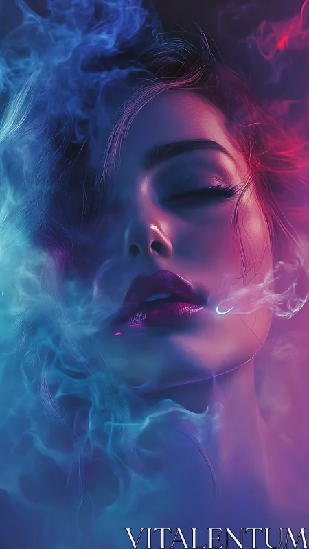 Female face in colored smoke under dual neon lighting.