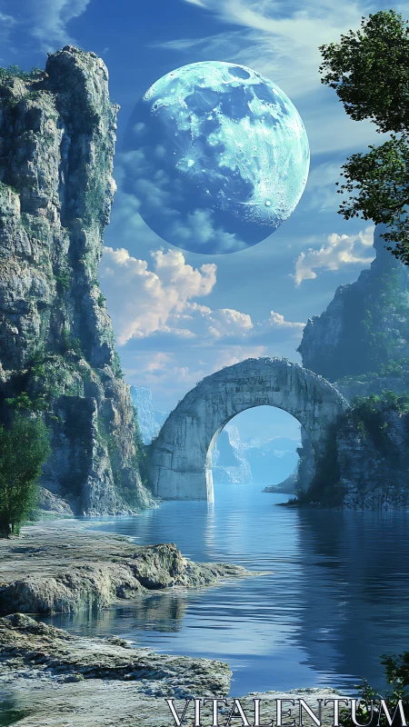 Massive blue moon rises above stone arch over calm water