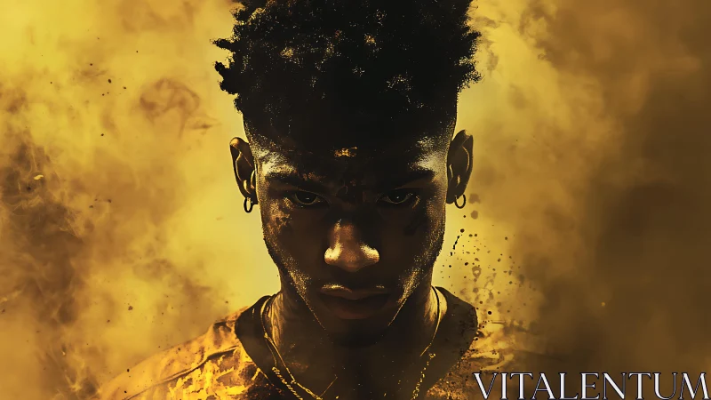 Cinematic portrait in golden atmospheric dust field lighting.