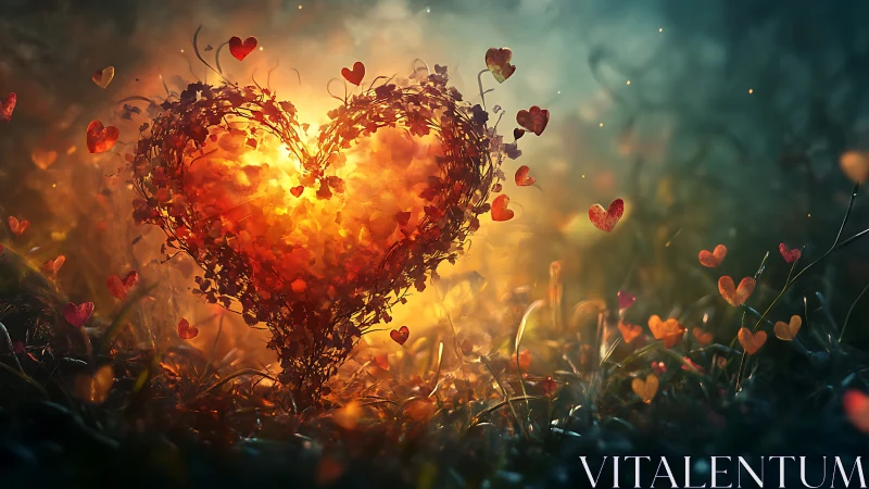 Luminous heart shaped from burning vines and floating heart particles