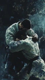 Martial artists locked in intense grappling clinch pose.