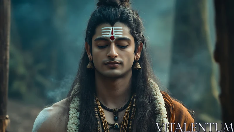 Serene yogi in forest meditation with sacred tilak marks.