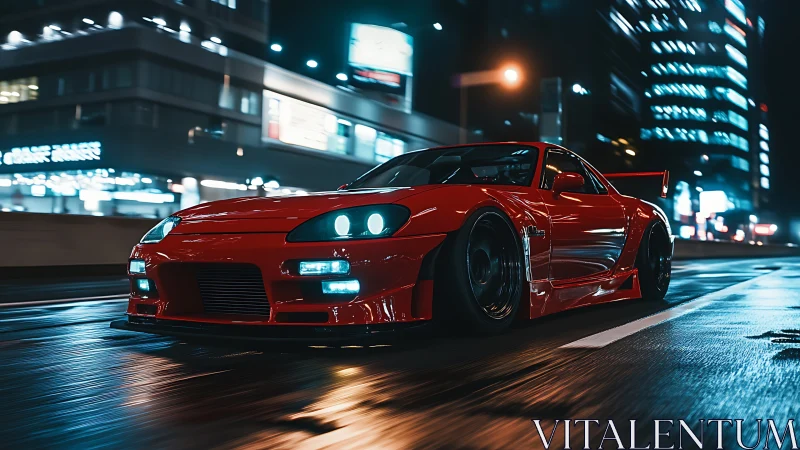 Red tuner car racing through neon city streets at night.