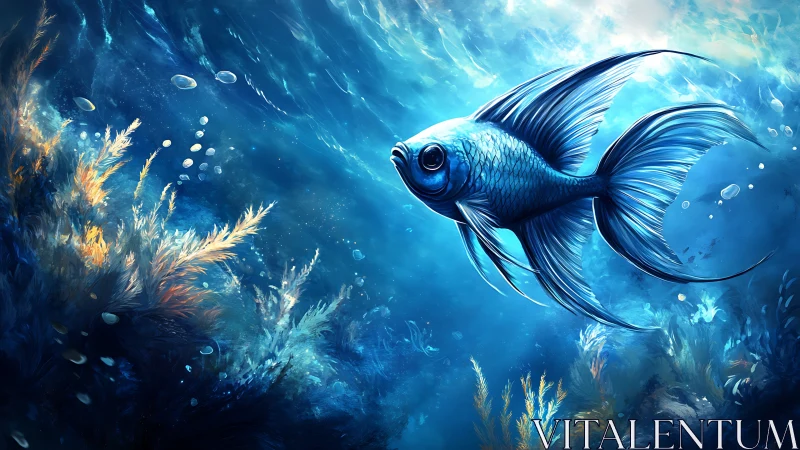 Blue fish with elongated fins in stylized ocean scene.