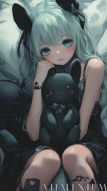 Anime girl with black plush toy seated against white bedding