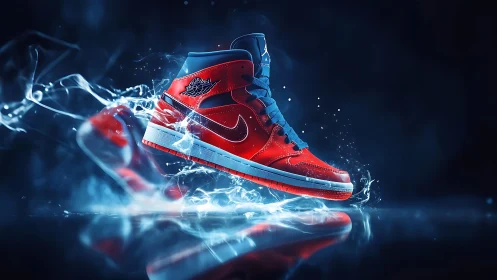 Red athletic sneaker in dynamic splash lighting effect.