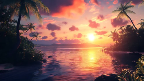 Golden tropical sunset embracing a quiet palm-lined shore.
