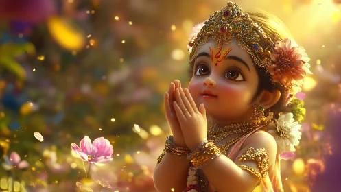 Divine child in prayer glows amid dreamy floral light