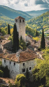Sunlit stone village tower nestled in green mountain hills.