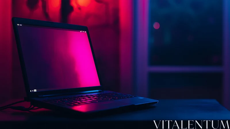 Laptop screen glows in contrasting pink and blue room lighting