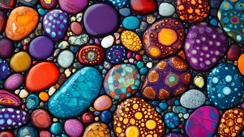Multicolored patterned stones arranged in dense surface grid.