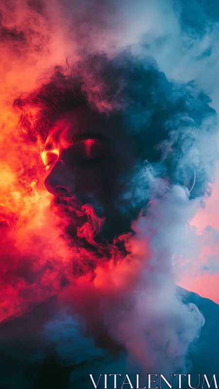 Male face surrounded by red and blue illuminated smoke.