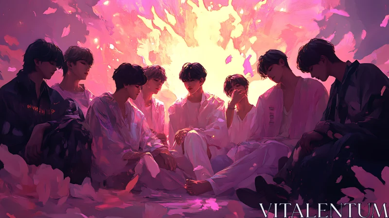 Seven figures in circular formation under radiant magenta bloom