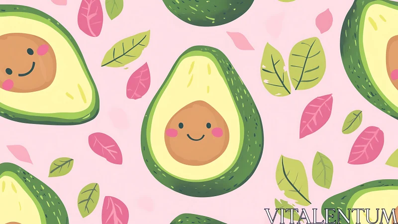 Smiling avocado halves drift playfully through pastel leaves