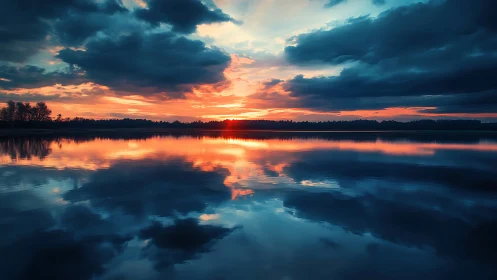 Sunset over calm lake with dark cloud formations reflected.