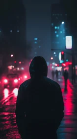 Backlit hooded figure in neon soaked rainy night city corridor