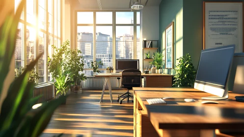 Biophilic open-plan workstation with parametric daylighting control.