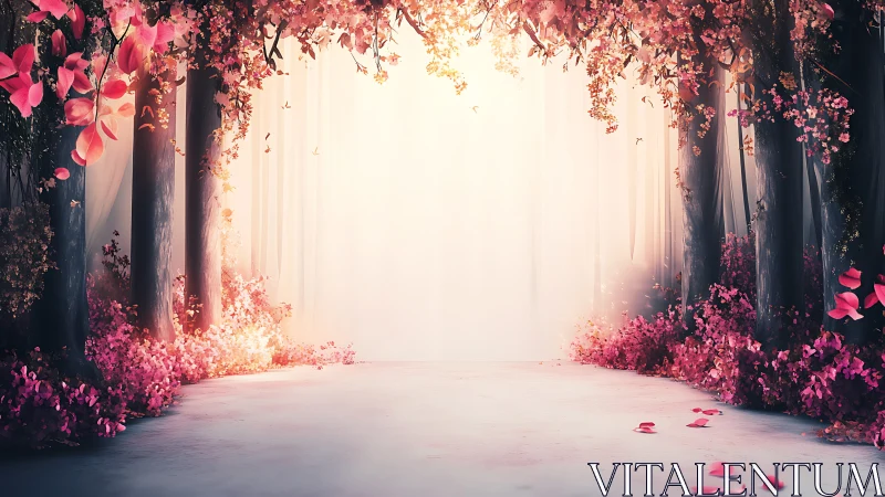 Enchanted Pink Forest Corridor with Glowing Light