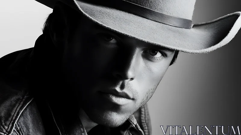 Monochrome cowboy portrait defines sculpted light and shadow