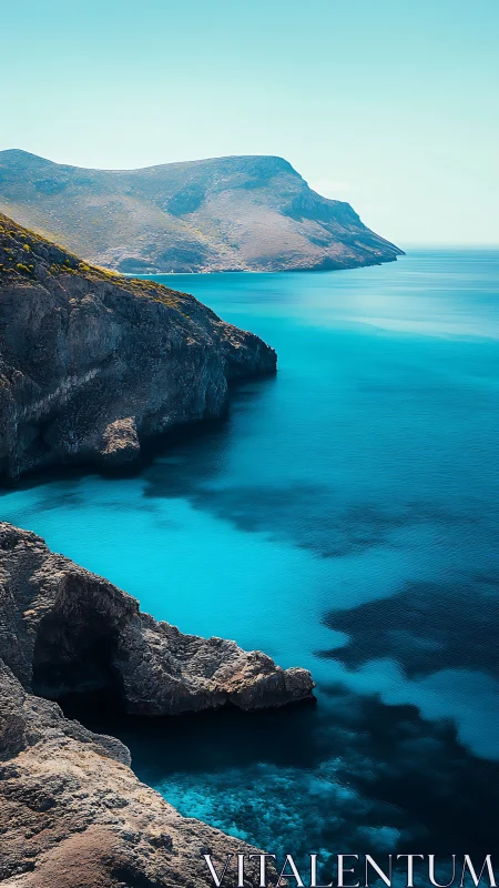 Rocky turquoise coastline curves along calm azure sea